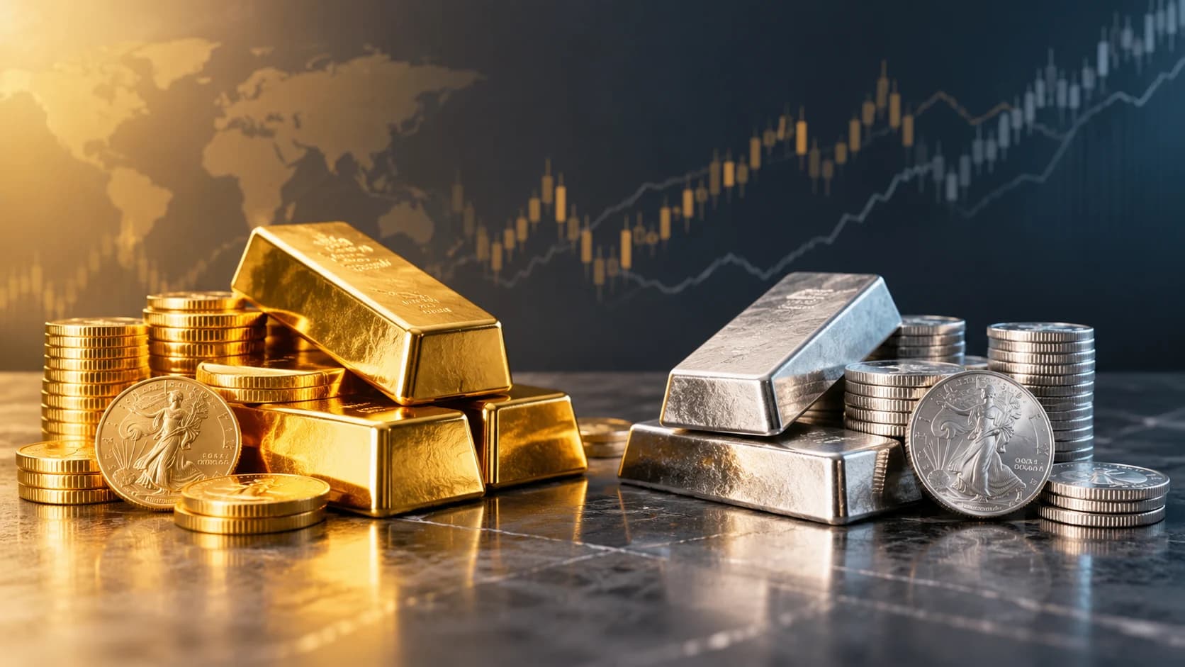 Gold and silver investments against a market chart